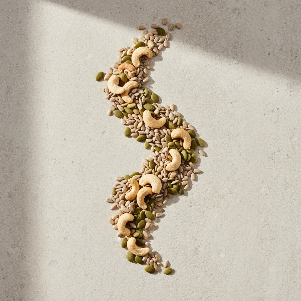 Pumpkin seeds, sunflower seeds and cashews on a light stone surface